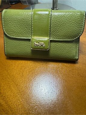Coach Olive Green Pebbled Leather Wallet with Gold Horse & Carriage Accent